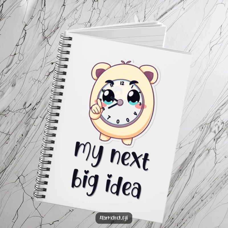 Funny notebook with a determined character focused on a clock, encouraging punctual note-taking. Excellent funny gift.