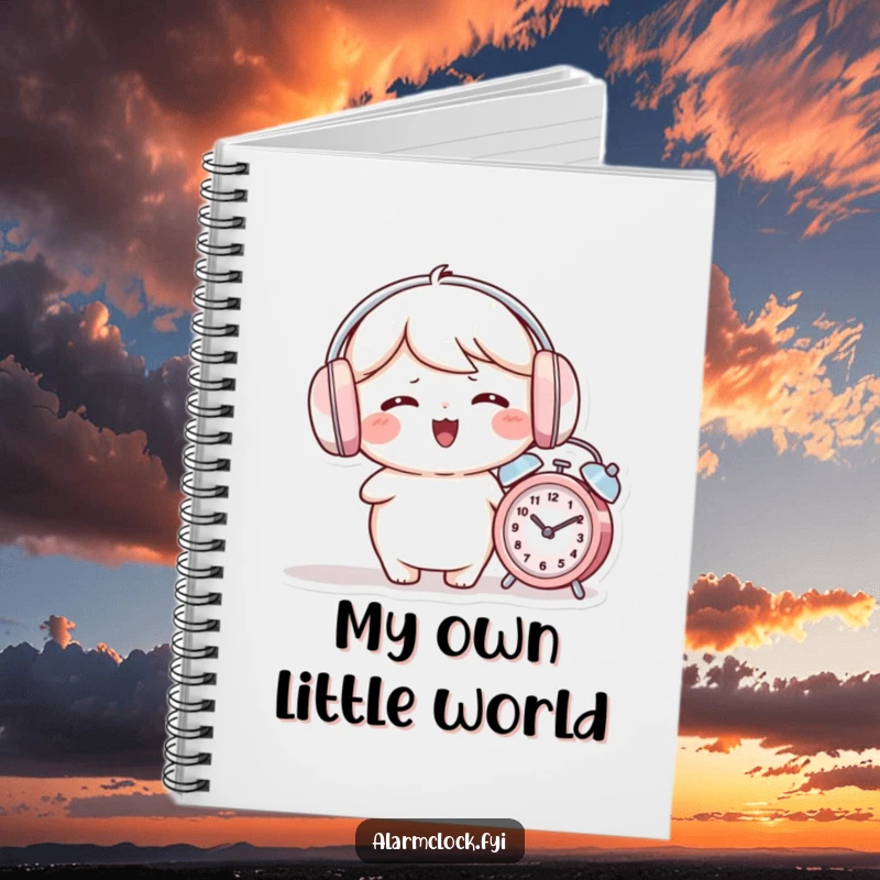 Funny notebook depicting a giggling character wearing earmuffs while an alarm clock rings nearby.