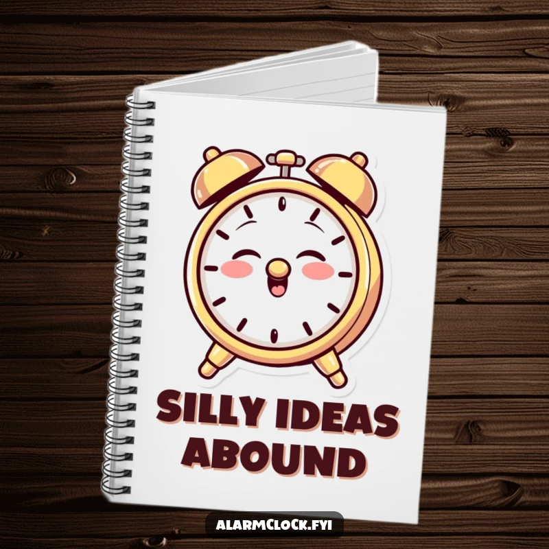 Funny notebook featuring a giggling alarm clock character with a mischievous grin, playfully ringing its bell for note-taking with fun.