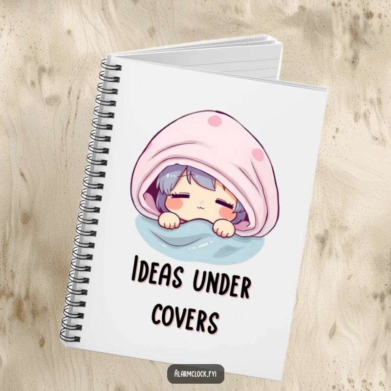 Funny notebook with a groggy character peeking from under a blanket, encouraging quick note-taking before the day fully begins.