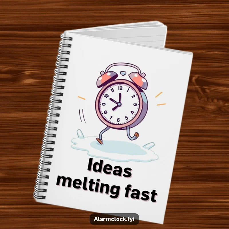 Funny melting alarm clock notebook cover, showing a frantic clock with tiny legs running away from a melting ice cube.