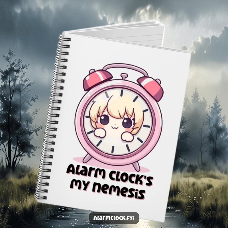 Funny notebook cover with a cartoon character peeking around a ringing alarm, symbolizing waking up for creative thoughts humorously.