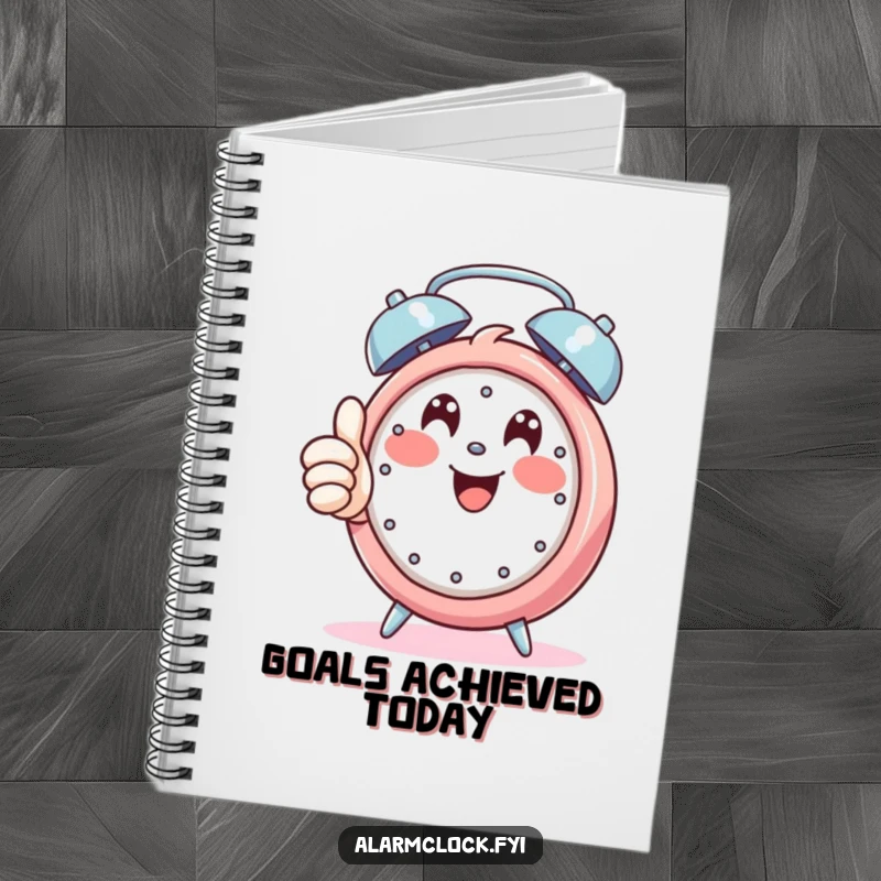 Funny notebook with a happy character giving a thumbs up while an alarm rings, encouraging positive note-taking and ideas.