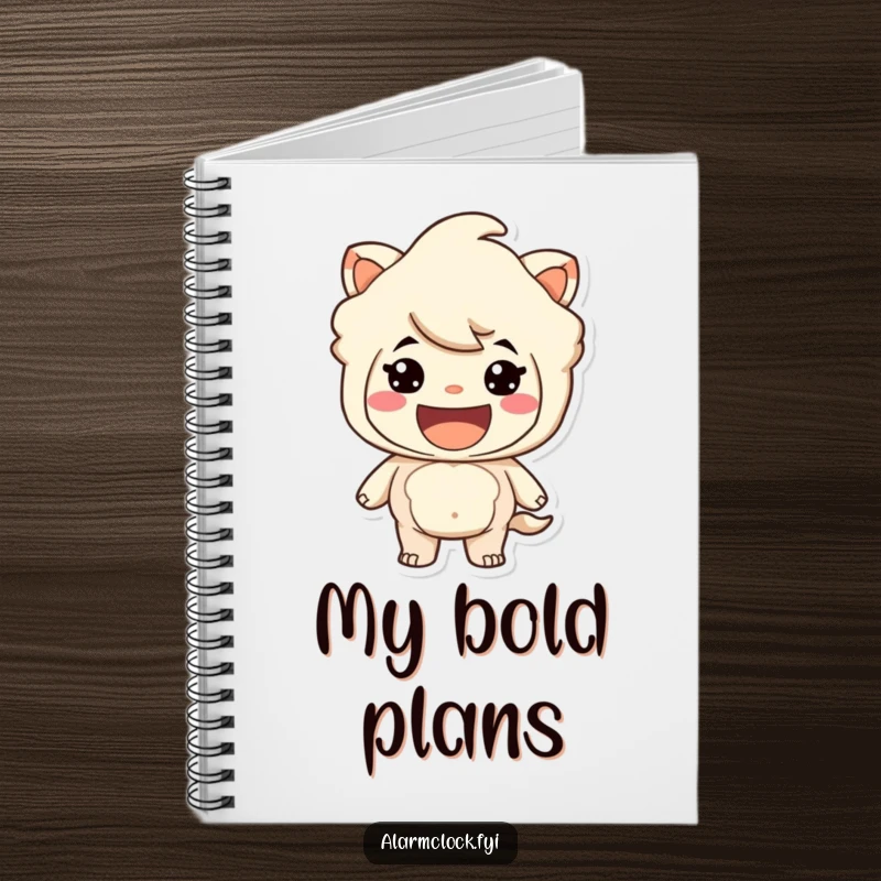 Funny notebook with a grinning character ready for action, encouraging planning for adventures. Excellent funny gift.