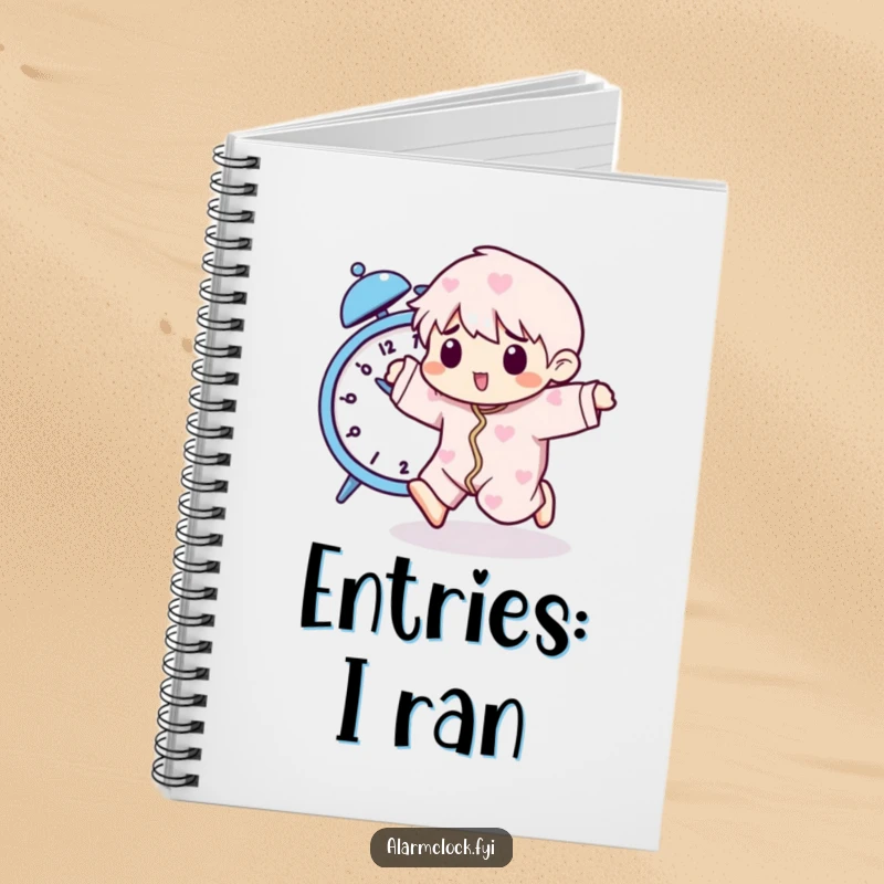 Funny notebook with a pajama-clad character playfully running from a buzzing alarm clock, designed for humorous note-taking.