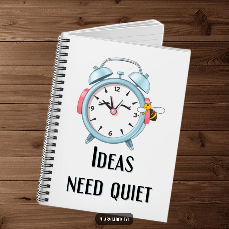 Funny notebook cover with a sleepy alarm clock in earmuffs ignoring a bee, ideal for jotting down quiet thoughts humorously.