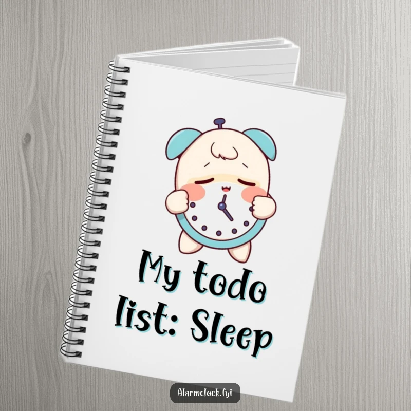 Funny notebook with a sleepy character groggily slapping an alarm clock, symbolizing morning struggles and ideas.