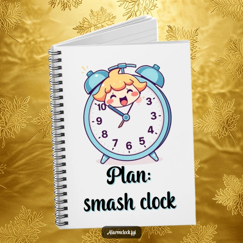 Funny notebook cover showing a cheerful character smashing a large, cartoon alarm clock, inspiring humorous entries about daily challenges.