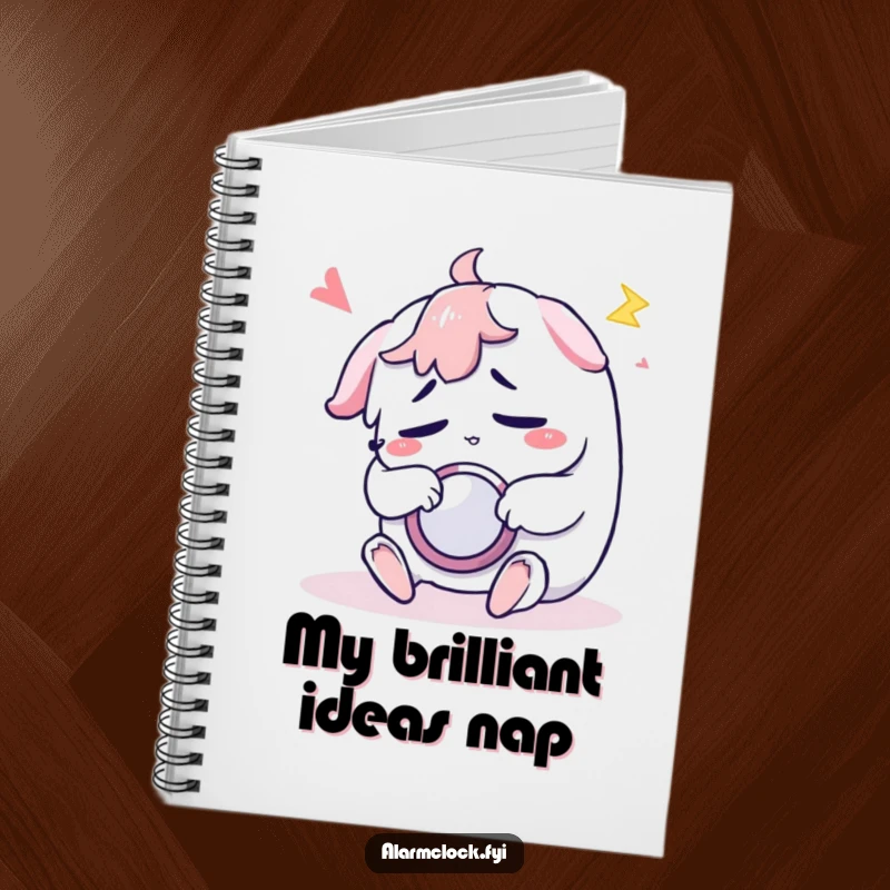 Funny notebook cover with a sleepy character groggily pressing snooze, inspiring procrastination and note-taking.