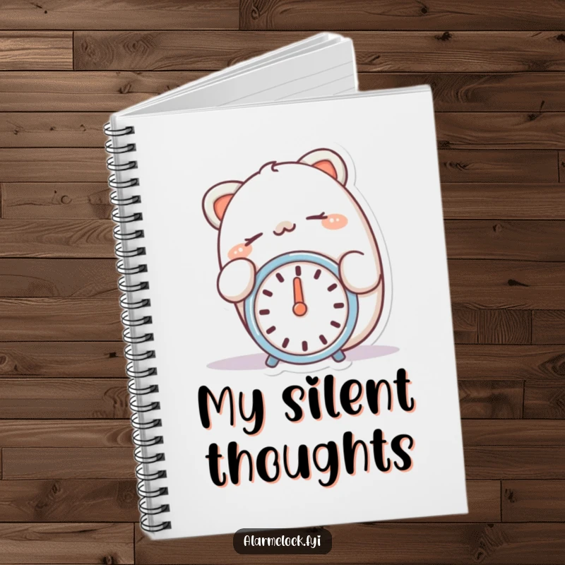 Funny notebook depicting a happy character peacefully snoozing with a finger on a silent alarm clock.