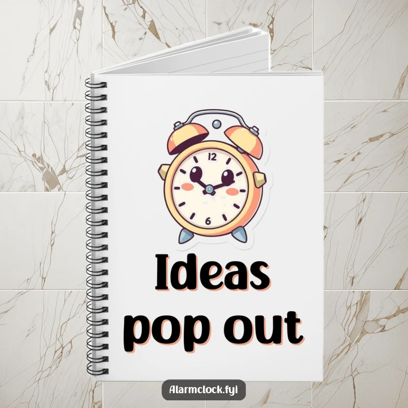 Funny notebook cover with a cute alarm clock character leaping out of a bell, looking surprised, for journaling and note-taking.