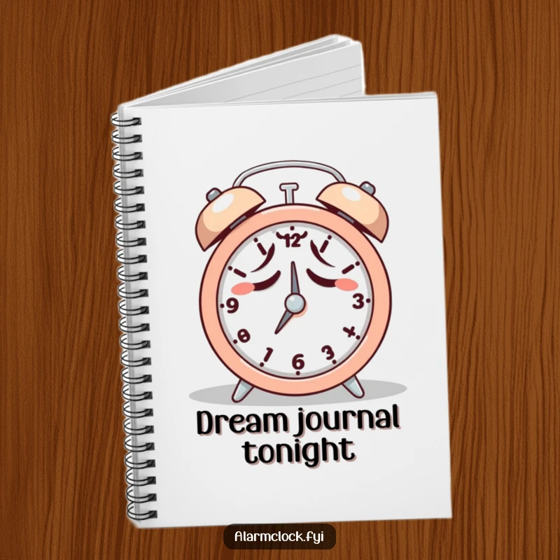 Funny notebook with a tired character reluctantly hitting snooze on an alarm clock, ideal for jotting down sleepy ideas.