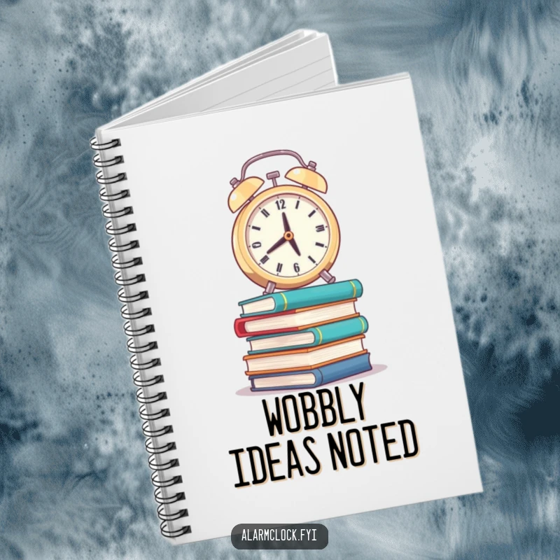 Funny notebook with a weary alarm clock balancing on wobbly books, great for humorous note-taking.