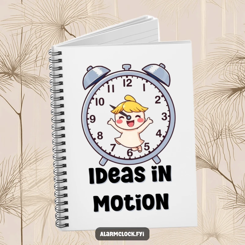 Funny notebook cover featuring a joyful character dancing next to buzzing clock hands, inspiring humorous and cheerful entries.