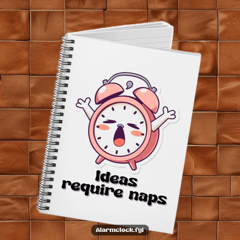 Funny Notebook: A tired alarm clock character yawning and stretching, ideal for jotting down sleepy thoughts.