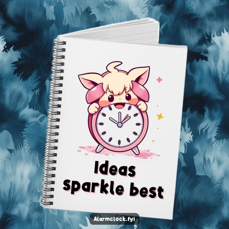 Funny notebook cover: a mischievous character showering an alarm clock with glitter, symbolizing playful disruption and a love for creative mischief.