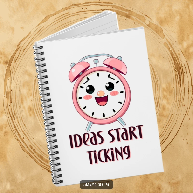 Funny notebook featuring a cute, smiling alarm clock character ringing loudly, ideal for jotting down humorous notes.