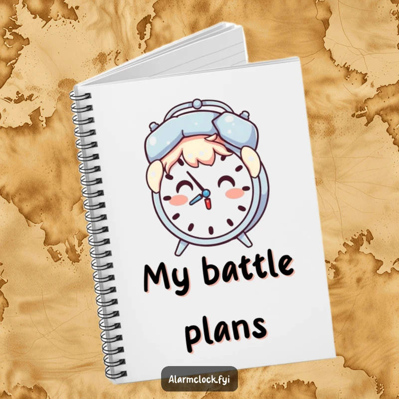 Funny notebook depicting a surprised character holding a pillow over their head as an alarm clock chimes.