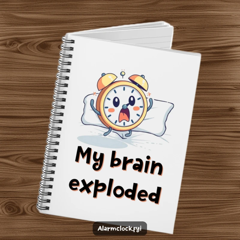 Funny notebook featuring a startled alarm clock character leaping from bed, ideal for capturing unexpected ideas with a humorous touch.