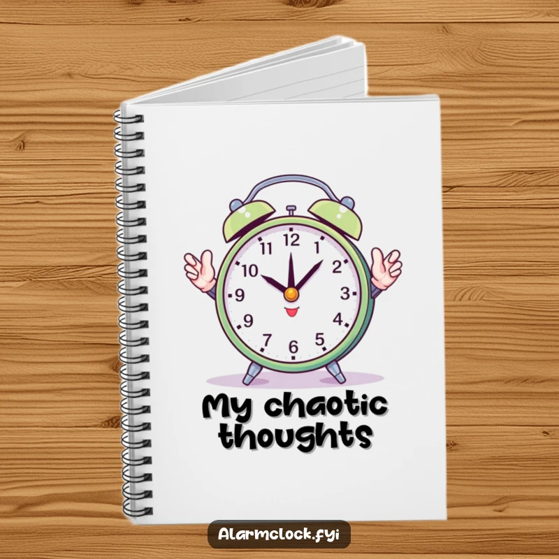 Funny notebook cover showing a round alarm clock attempting to juggle its hands, ideal for jotting notes with a humorous, busy theme.