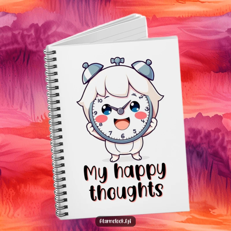 Funny notebook with a cheerful character holding a clock face, encouraging happy note-taking. Excellent funny gift.
