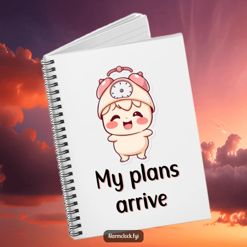 Funny notebook with a giggling character wearing an alarm clock hat, inspiring creative thoughts and laughter.