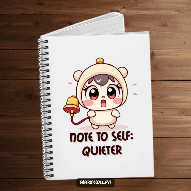 Funny notebook cover featuring a cute character with massive, startled eyes reacting to a loud bell, inspiring creative and humorous entries.