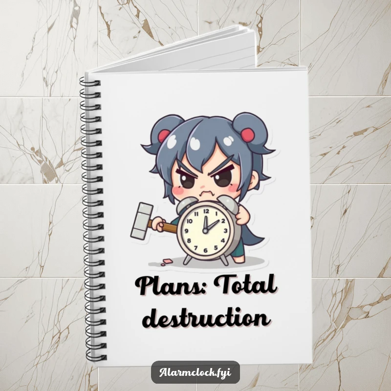 Funny notebook with a determined character smashing a tiny alarm clock with a hammer, designed for humorous note-taking.