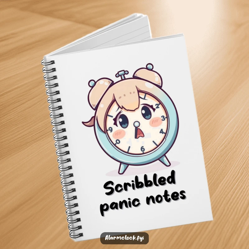 Funny notebook with a startled character and clock design, encouraging quick note-taking before deadlines loom larger.