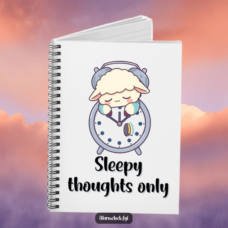 Funny notebook with a design of a sleepy sheep in pajamas on an alarm clock, ideal for jotting down humorous thoughts.