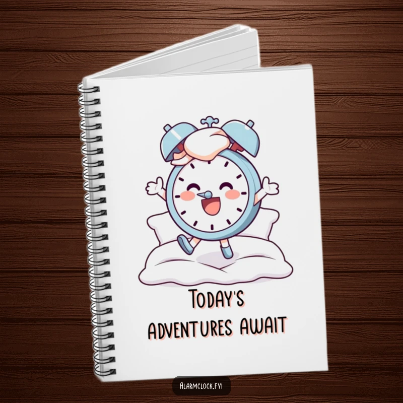 Funny notebook cover: a cheerful character jumping out of bed as an alarm clock rings, symbolizing a positive and energetic start to writing.