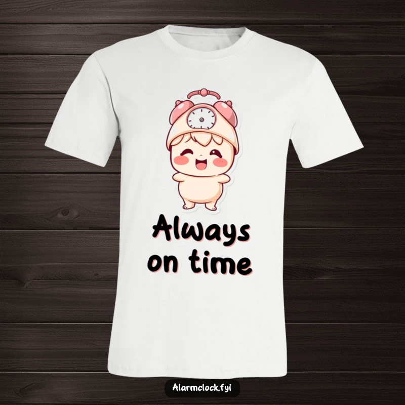 Funny t-shirt with a giggling character sporting a tiny alarm clock hat, celebrating a cheerful start to the day.