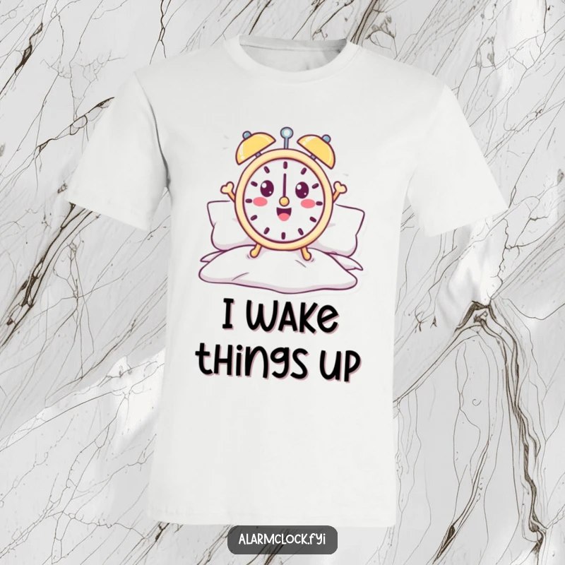 Funny alarm clock t-shirt with a cheerful character jumping out of bed, ready to seize the day.
