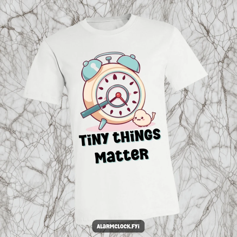 Funny T-Shirt: An engrossed alarm clock character using a magnifying glass to inspect a minuscule dust bunny.