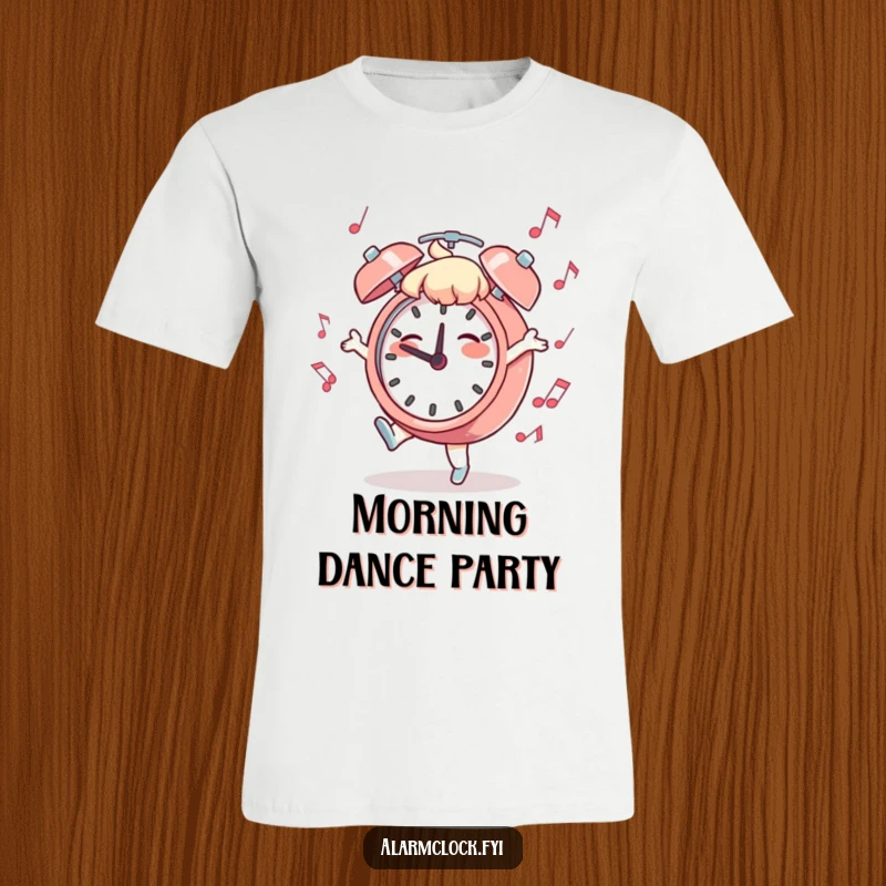 Funny Dancing Clock T-Shirt: A character energetically dancing with a musical alarm clock, radiating joy and humor.