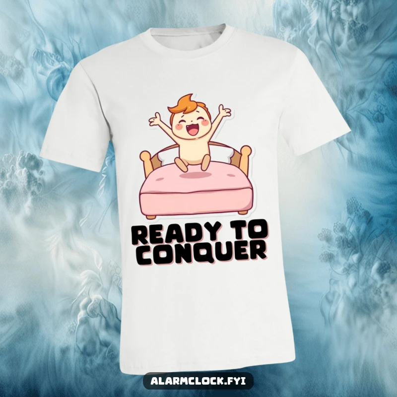 Funny t-shirt featuring a character leaping enthusiastically from a stylized bed, radiating pure morning energy and happiness.