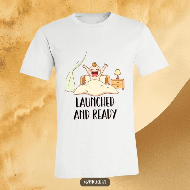 Funny t-shirt with an overjoyed character enthusiastically jumping out of bed, radiating morning energy and excitement.