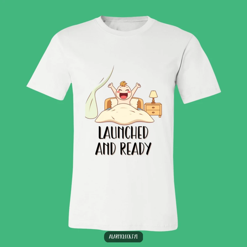 Funny Excited Character Jumping Out of Bed T-Shirt, Great Humorous Gift for Go-Getters