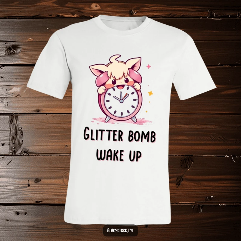 Funny t-shirt illustrated with a mischievous character sabotaging an alarm clock by showering it with colorful glitter, a symbol of playful chaos.