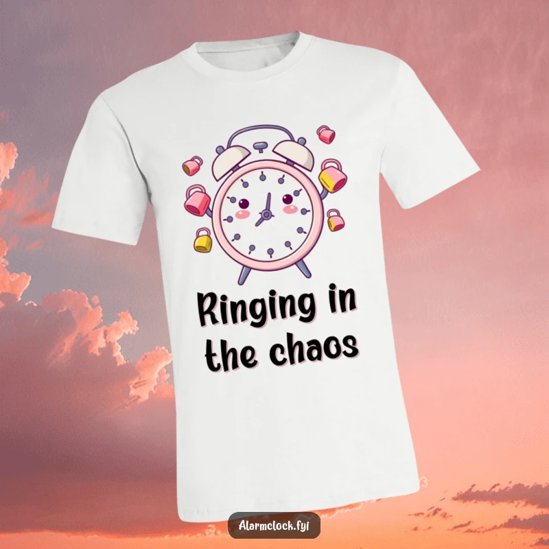 Funny T-Shirt: A whimsical alarm clock character expertly juggling multiple tiny, colorful alarm bells, radiating fun.