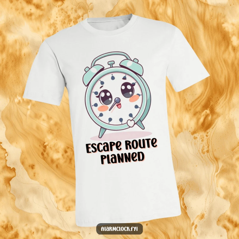 Funny t-shirt featuring a character with wide eyes, comically jumping away from a loud ringing alarm clock.