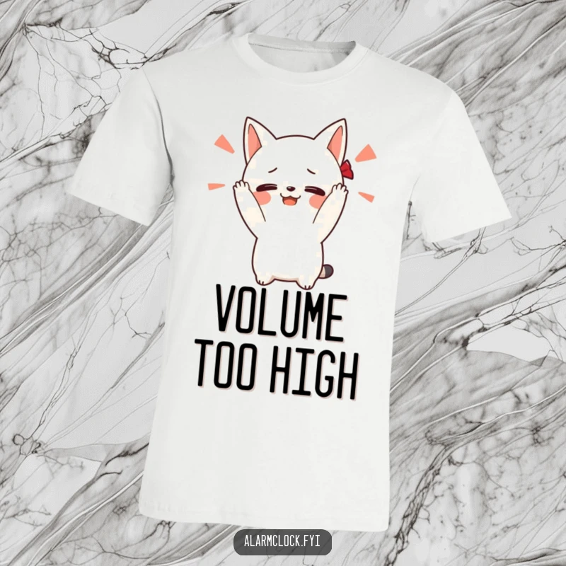 Funny t-shirt with a blushing character covering its ears dramatically to block out a loud alarm sound, conveying morning aversion.