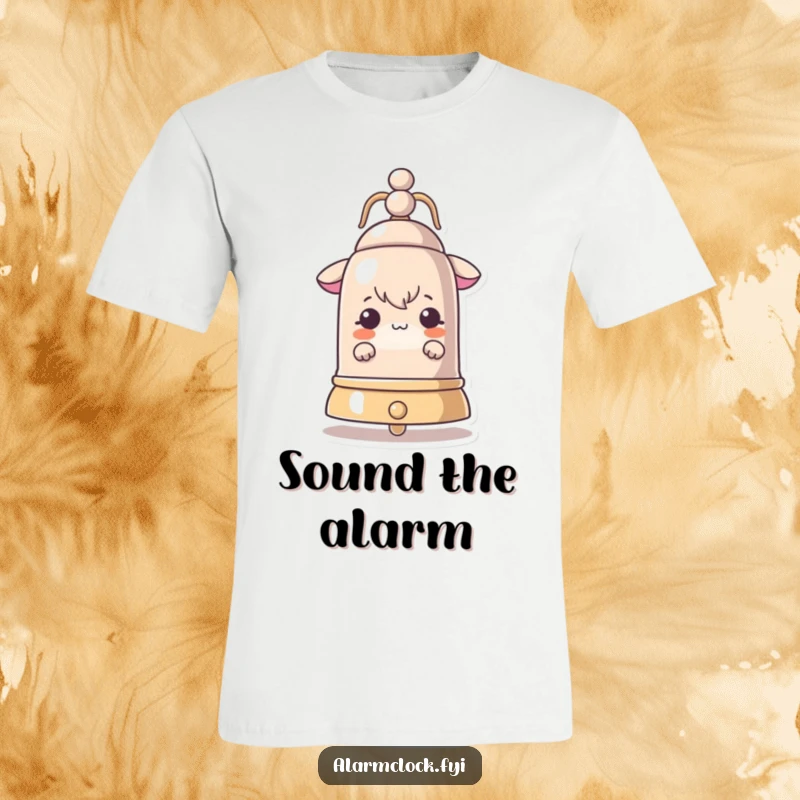 Funny t-shirt with a curious character peeking from behind a large ringing bell, capturing a moment of surprise.