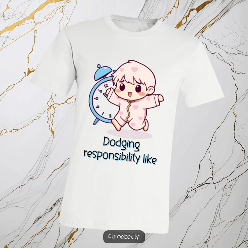 Funny t-shirt featuring a pajama-clad character playfully fleeing a buzzing alarm clock, symbolizing a comical morning escape.