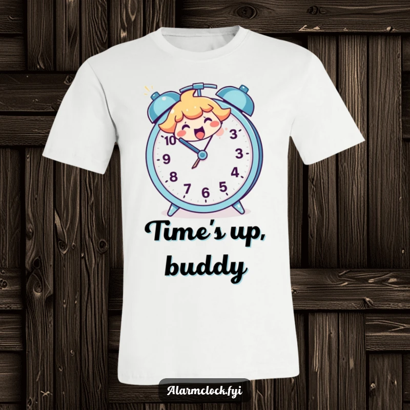 Funny t-shirt with a happy character gleefully smashing a big cartoon alarm clock, humorously depicting the struggle of waking up.