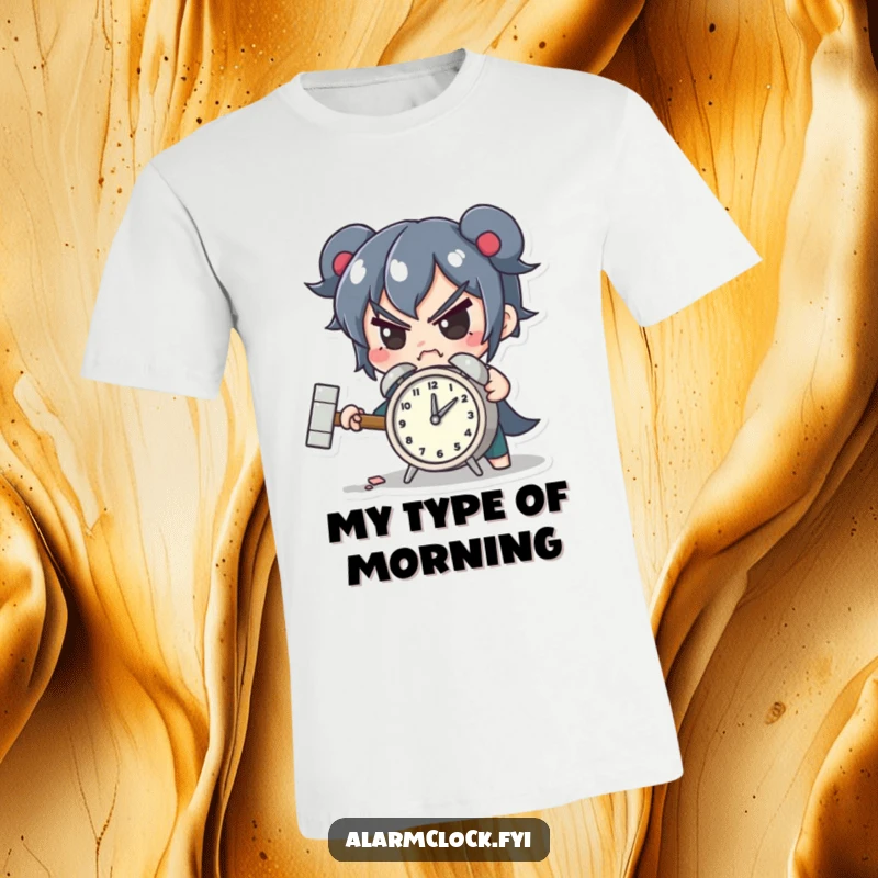 Funny t-shirt showing a determined character smashing a small alarm clock with a hammer, representing morning victory.