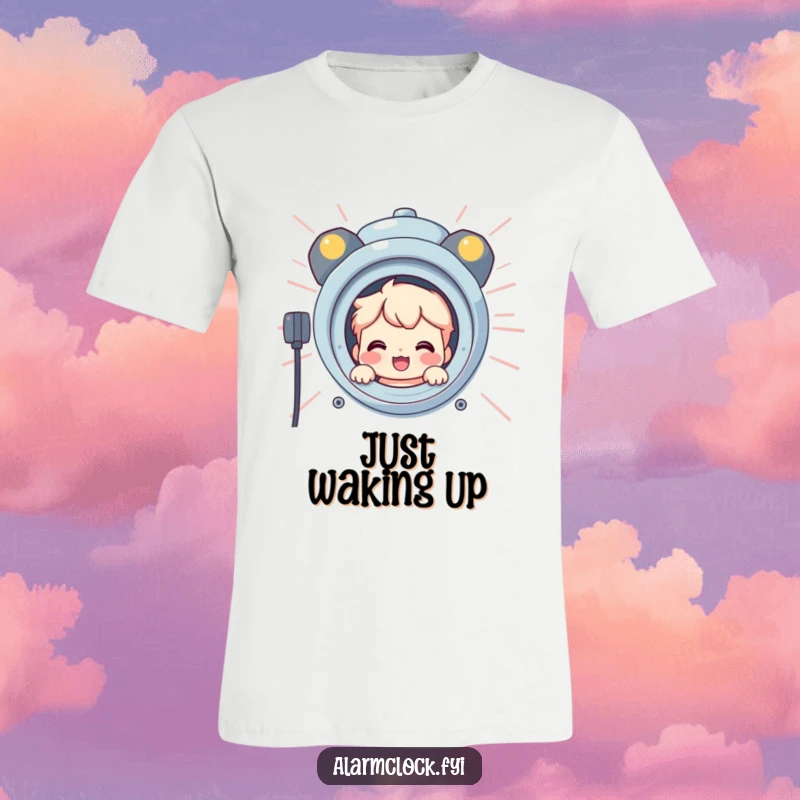 Funny t-shirt with a smiling character mischievously peeking out from behind a huge, blaring alarm clock, suggesting a playful morning.