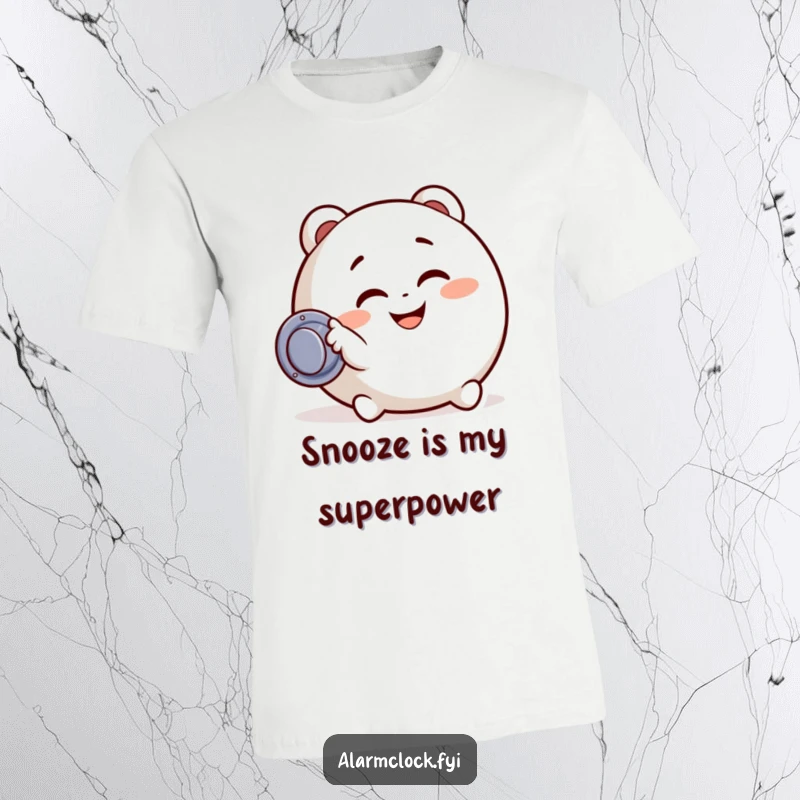 Funny t-shirt featuring a character with a playful grin, enthusiastically slapping a snooze button, celebrating the joy of more sleep.