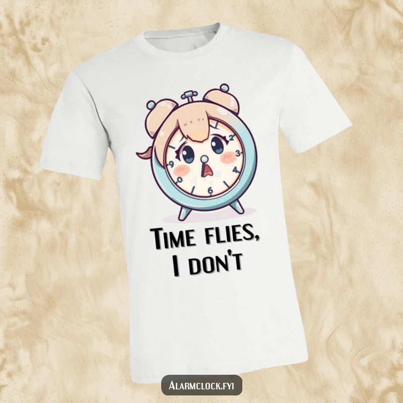 Funny T-shirt showcasing a character with a panicked, startled look at a clock, perfect for anyone who treats time like a suggestion.
