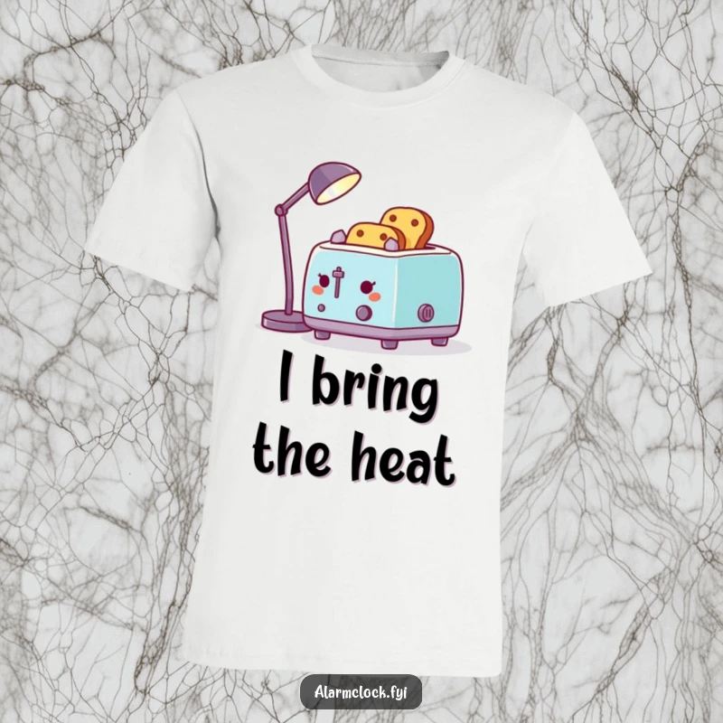 Funny t-shirt depicting a cheerful toaster desperately toasting bread with a desk lamp, a witty and whimsical design.